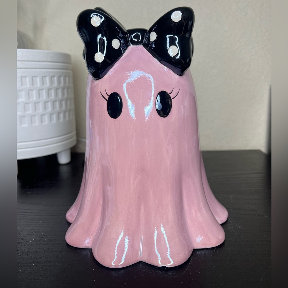 NEW Ceramic Iridescent Pink Ghost Girl with Black Polka Dot Bow